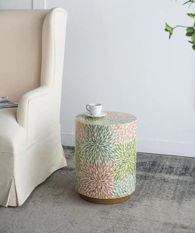 Alt view image 5 of 7 - D14x18" Cylindrical Garden Capiz Stool, Accent Side Table, Green/Pink