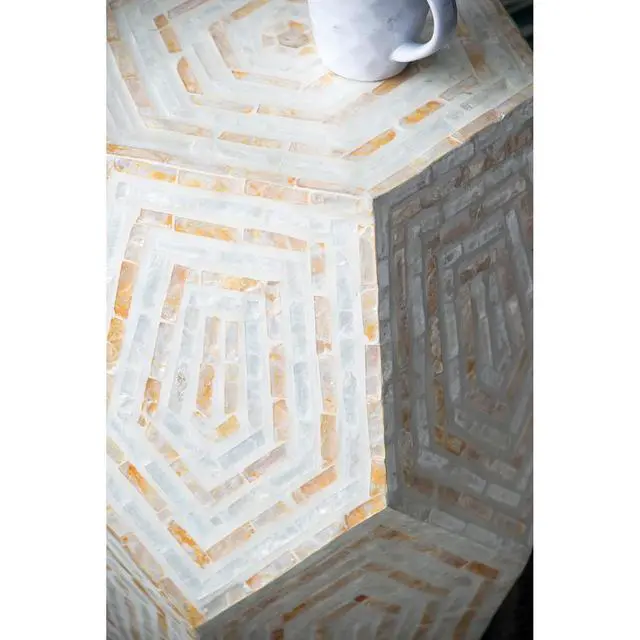 Alt view image 5 of 7 - 18x18x21" Hexagonal Capes Capiz Stool, Cream/Yellow