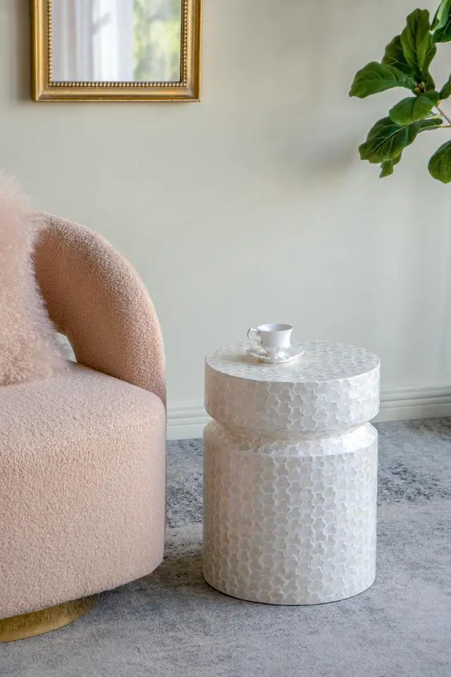 Main image of 14x14x18" Round Wooden Accent Stool with White Capiz Finish