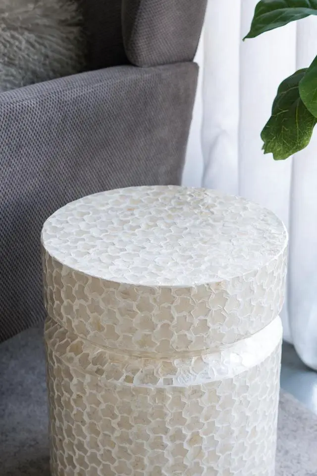 Alt view image 5 of 7 - 14x14x18" Round Wooden Accent Stool with White Capiz Finish