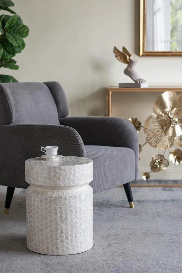 Alt view image 6 of 7 - 14x14x18" Round Wooden Accent Stool with White Capiz Finish