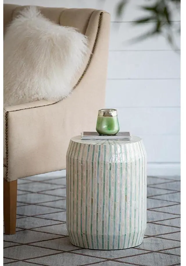 Main image of 14x14x18" Cream and Green Cylinder Accent Stool with Striped Pattern