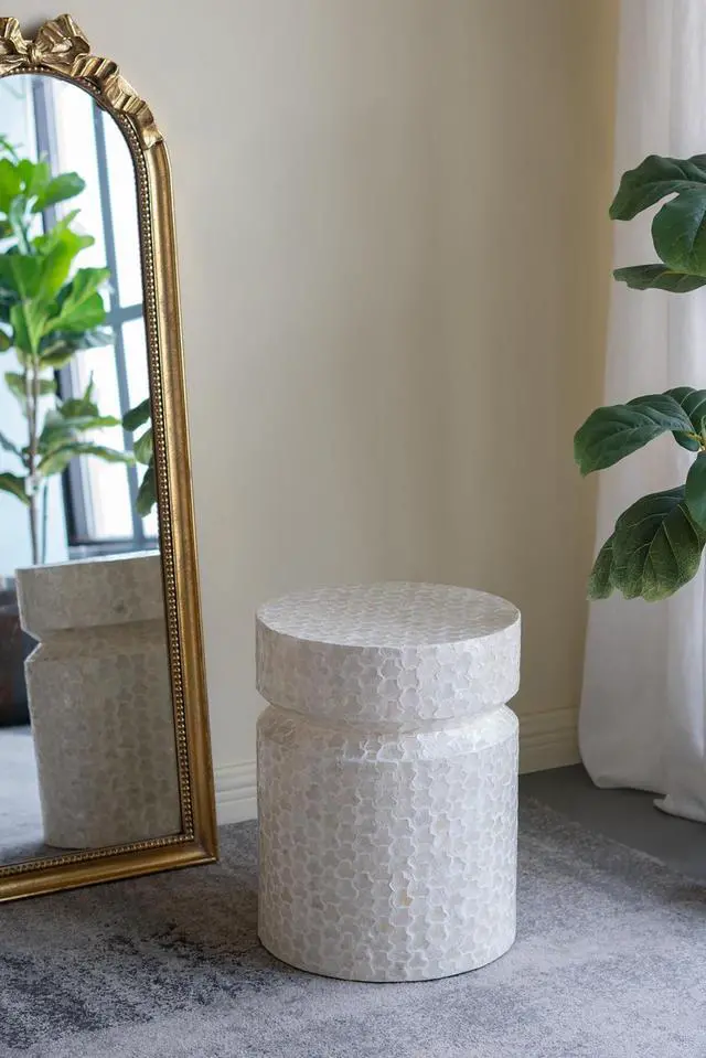 Alt view image 7 of 7 - 14x14x18" Round Wooden Accent Stool with White Capiz Finish