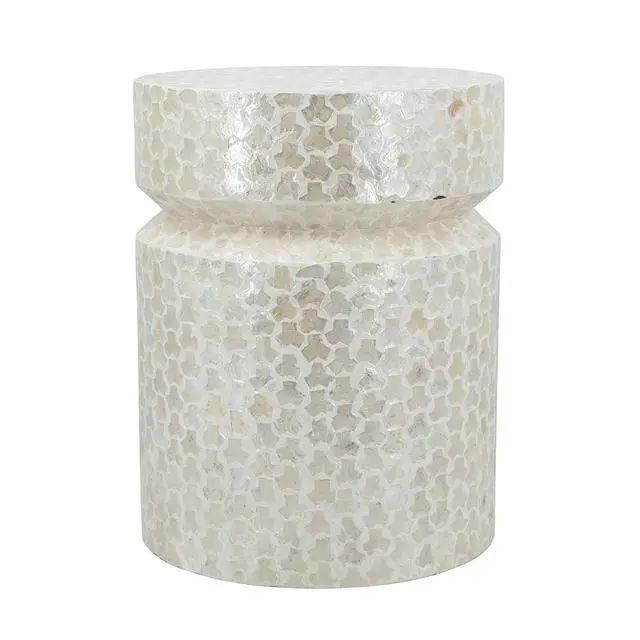 Alt view image 2 of 7 - 14x14x18" Round Wooden Accent Stool with White Capiz Finish