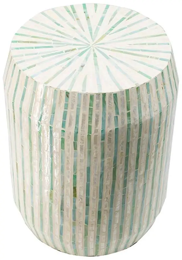 Alt view image 3 of 7 - 14x14x18" Cream and Green Cylinder Accent Stool with Striped Pattern