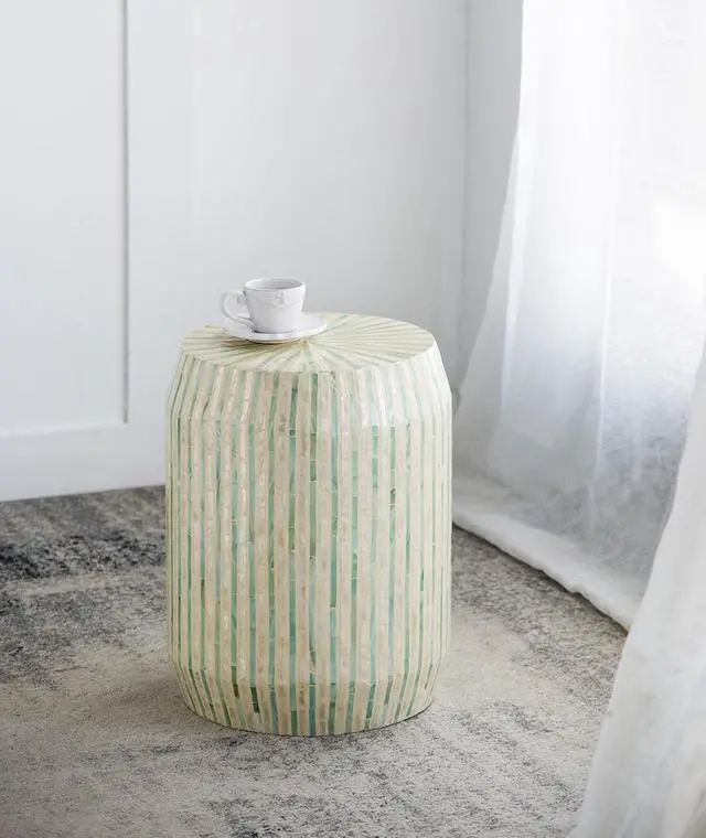 Alt view image 6 of 7 - 14x14x18" Cream and Green Cylinder Accent Stool with Striped Pattern