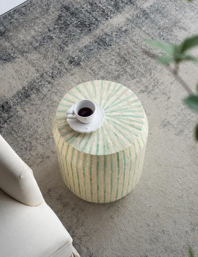 Alt view image 7 of 7 - 14x14x18" Cream and Green Cylinder Accent Stool with Striped Pattern