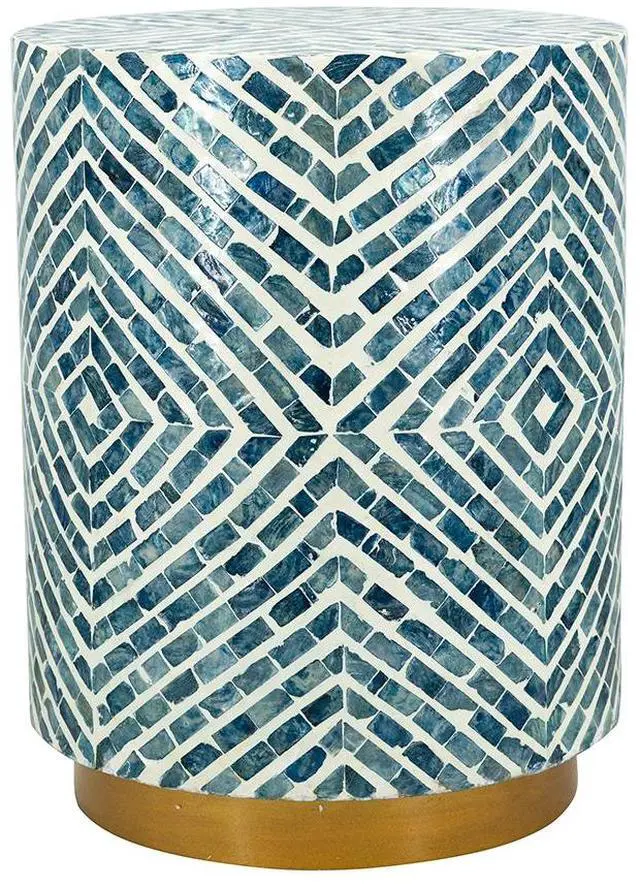 Main image of 14x14x18" Round Accent Stool with Blue and White Capiz Design and Gold Pedestal Base