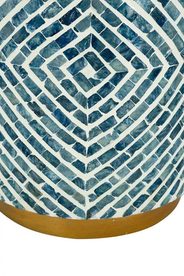 Alt view image 3 of 6 - 14x14x18" Round Accent Stool with Blue and White Capiz Design and Gold Pedestal Base