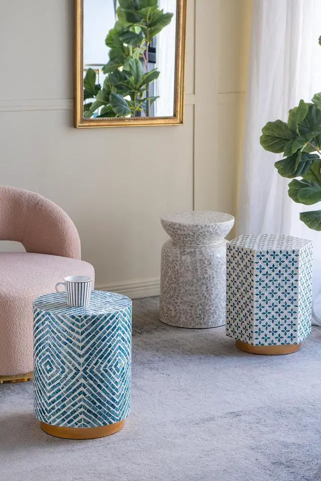Alt view image 4 of 6 - 14x14x18" Round Accent Stool with Blue and White Capiz Design and Gold Pedestal Base