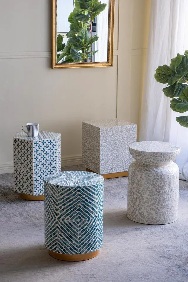 Alt view image 5 of 6 - 14x14x18" Round Accent Stool with Blue and White Capiz Design and Gold Pedestal Base
