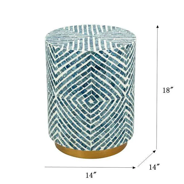 Alt view image 6 of 6 - 14x14x18" Round Accent Stool with Blue and White Capiz Design and Gold Pedestal Base