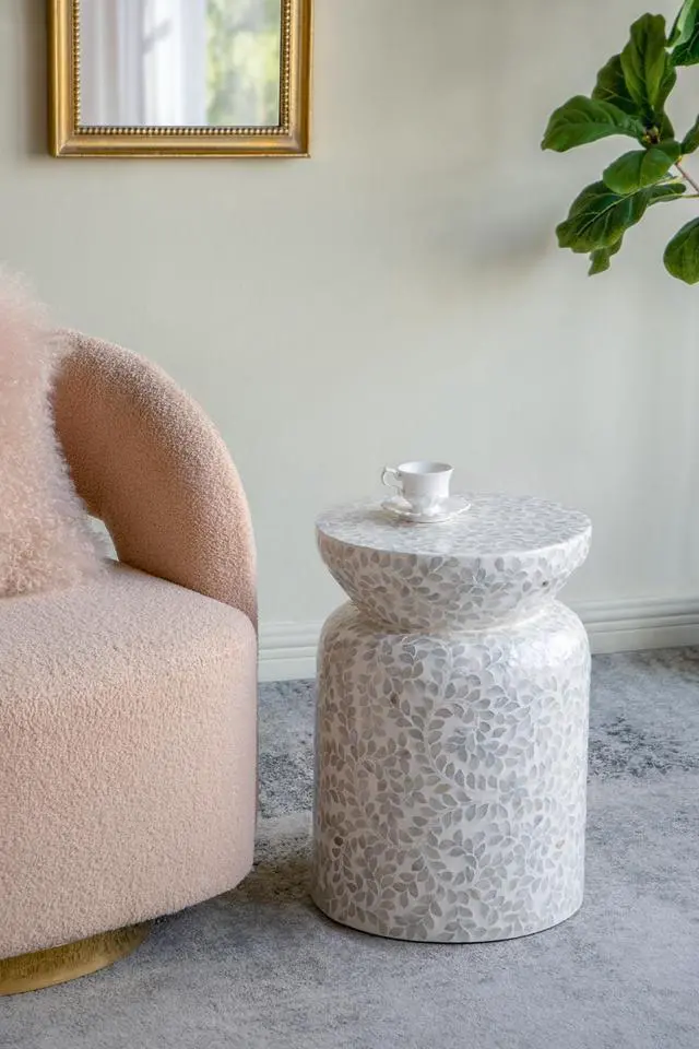 Main image of 14x14x20" Round Bamboo Accent Table with White Capiz Shell Design