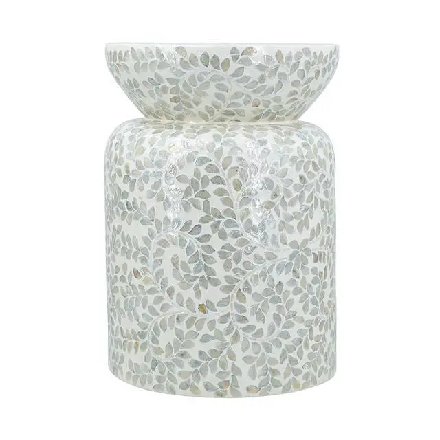 Alt view image 2 of 7 - 14x14x20" Round Bamboo Accent Table with White Capiz Shell Design