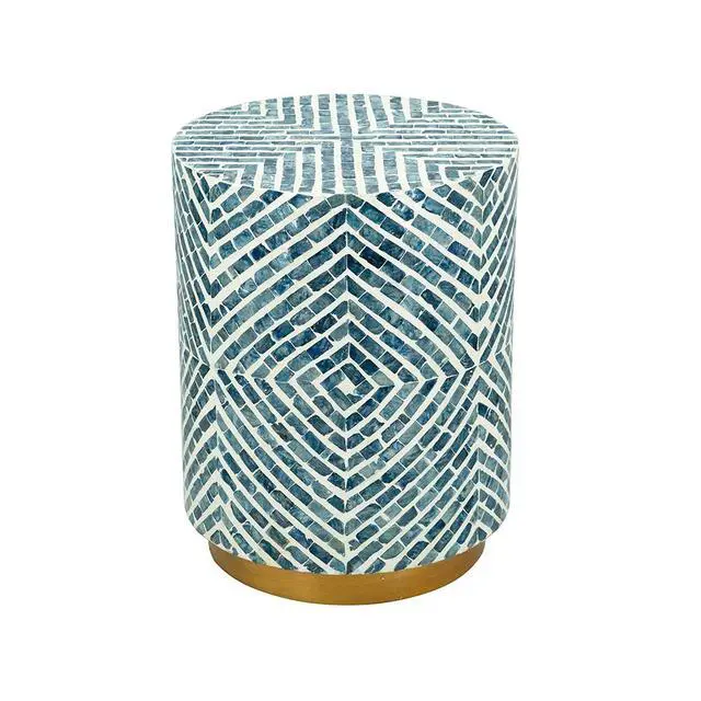 Alt view image 2 of 6 - 14x14x18" Round Accent Stool with Blue and White Capiz Design and Gold Pedestal Base