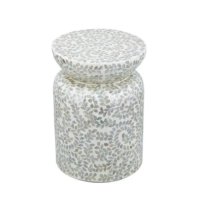 Alt view image 3 of 7 - 14x14x20" Round Bamboo Accent Table with White Capiz Shell Design