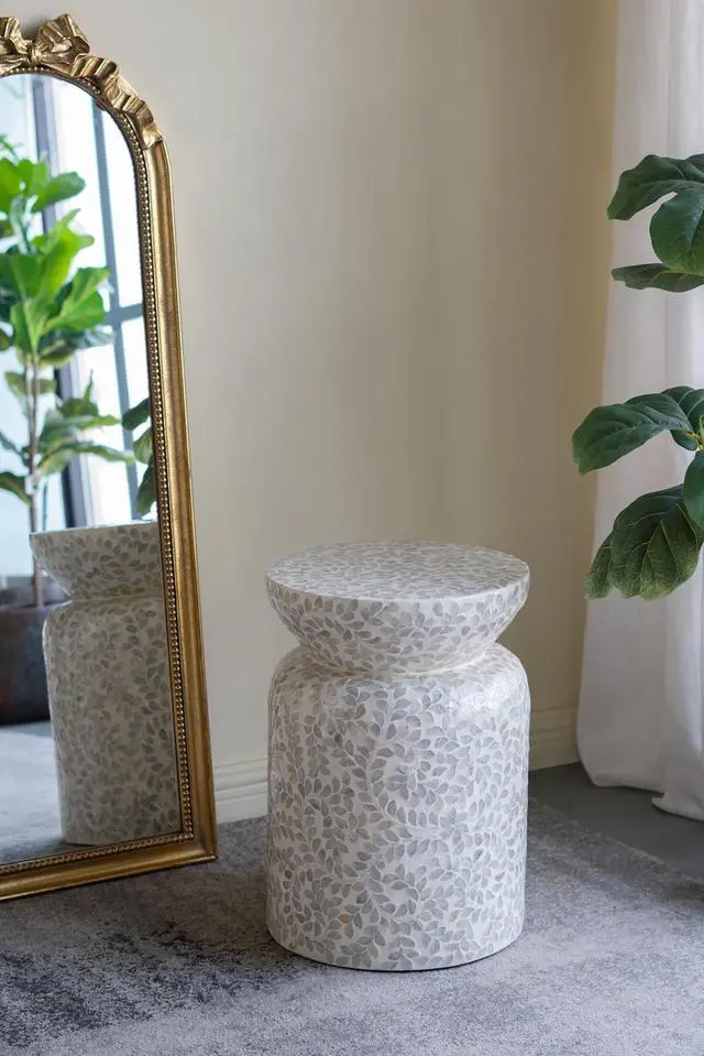 Alt view image 7 of 7 - 14x14x20" Round Bamboo Accent Table with White Capiz Shell Design