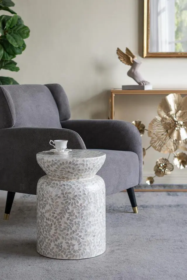 Alt view image 6 of 7 - 14x14x20" Round Bamboo Accent Table with White Capiz Shell Design