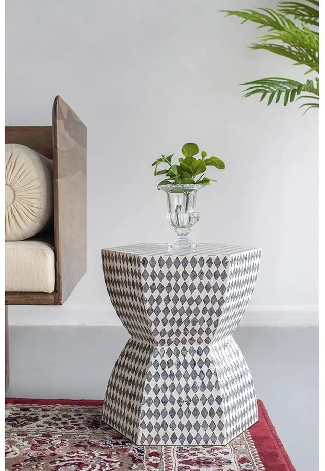 Main image of 15x13x17" Hexagonal Garden Capiz Stool, Accent Side Table, Black/White