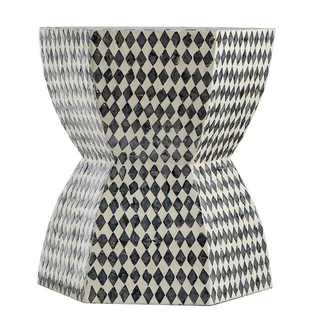 Alt view image 2 of 7 - 15x13x17" Hexagonal Garden Capiz Stool, Accent Side Table, Black/White