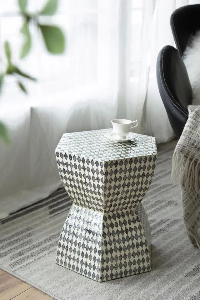 Alt view image 6 of 7 - 15x13x17" Hexagonal Garden Capiz Stool, Accent Side Table, Black/White