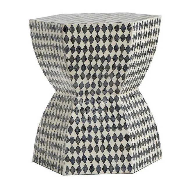Alt view image 3 of 7 - 15x13x17" Hexagonal Garden Capiz Stool, Accent Side Table, Black/White
