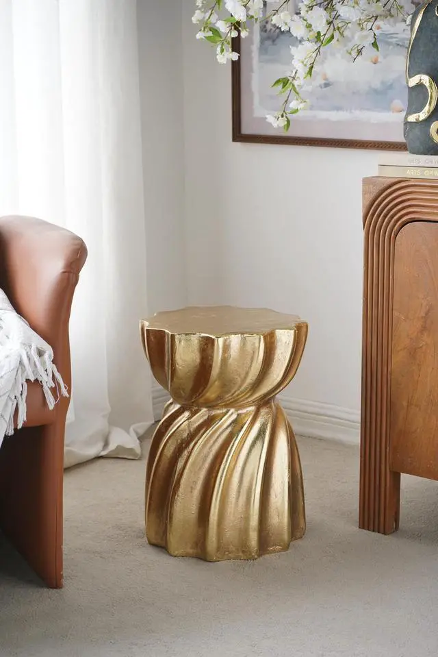 Alt view image 6 of 7 - 14x14x18.7" Gold Magnesium Accent Stool with Sculptural Swirl Design, Contemporary Side Table, Decorative Display Stand, or Extra Seating Option