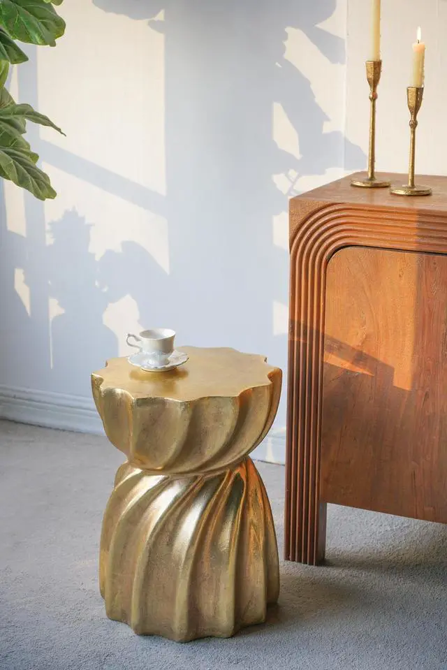 Alt view image 5 of 7 - 14x14x18.7" Gold Magnesium Accent Stool with Sculptural Swirl Design, Contemporary Side Table, Decorative Display Stand, or Extra Seating Option