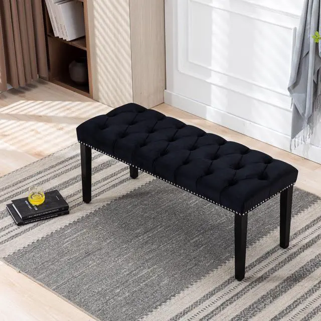 Main image of Heng Ming Upholstered Tufted Bench Ottoman , Velvet Dining Bench Bedroom Bench Footrest Stool Accent Bench for Entryway Dining Room Living Room, Black