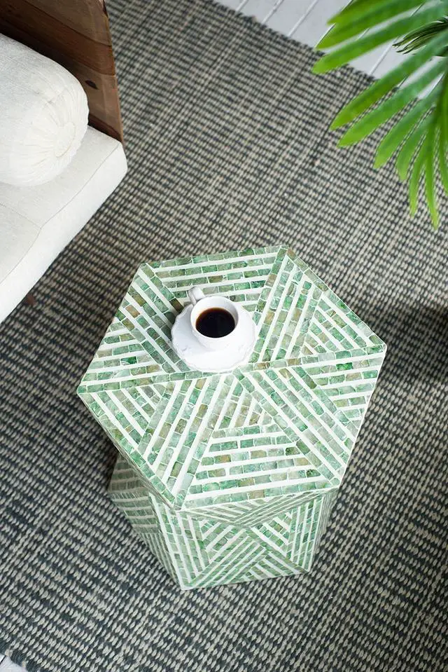 Alt view image 7 of 7 - 19x19x20" Tapered Green Garden Capiz Stool, Accent Side Table