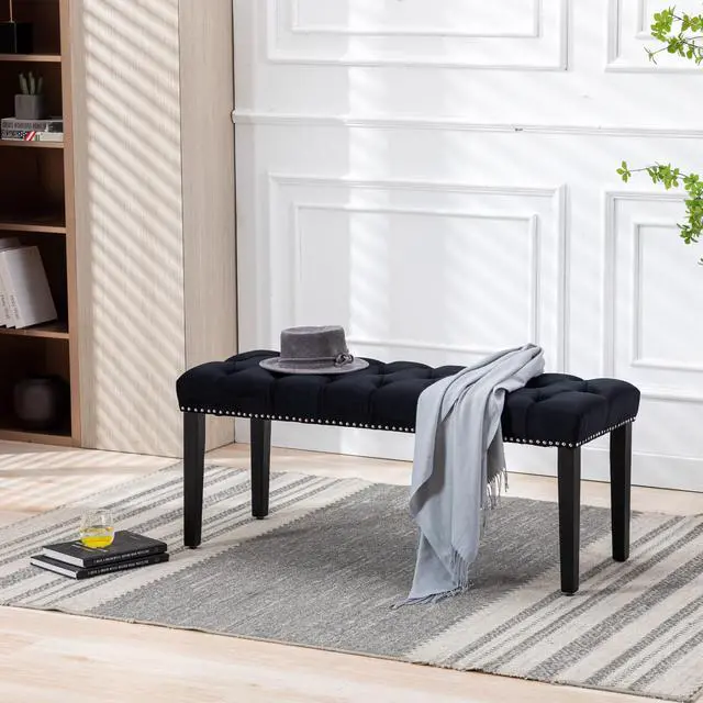 Alt view image 2 of 7 - Heng Ming Upholstered Tufted Bench Ottoman , Velvet Dining Bench Bedroom Bench Footrest Stool Accent Bench for Entryway Dining Room Living Room, Black