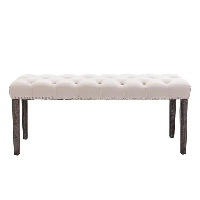 Alt view image 4 of 7 - Heng Ming Upholstered Tufted Bench Ottoman , Velvet Dining Bench Bedroom Bench Footrest Stool Accent Bench for Entryway Dining Room Living Room, Beige