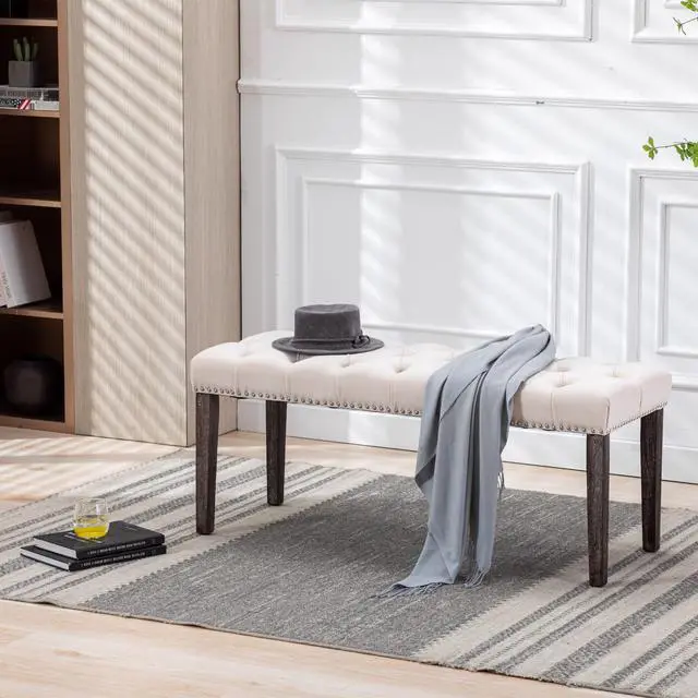 Alt view image 2 of 7 - Heng Ming Upholstered Tufted Bench Ottoman , Velvet Dining Bench Bedroom Bench Footrest Stool Accent Bench for Entryway Dining Room Living Room, Beige