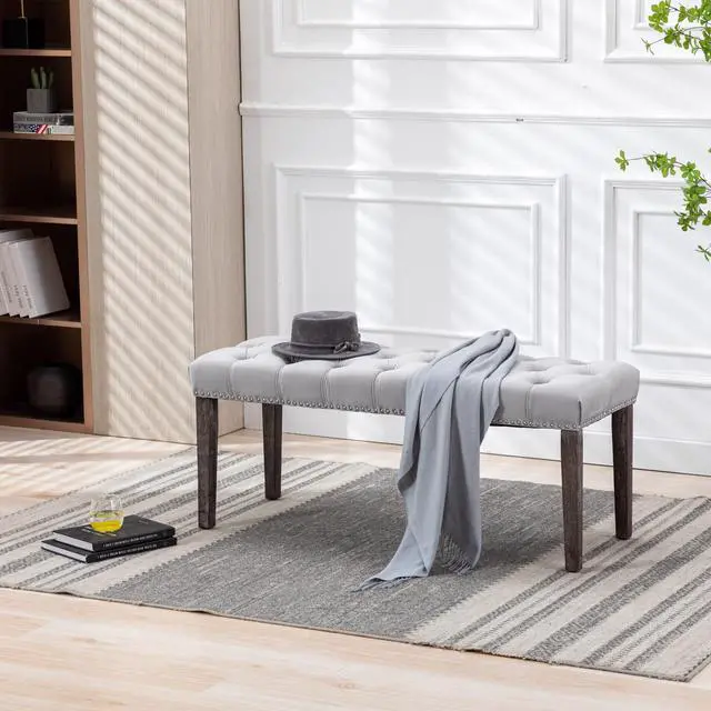 Alt view image 2 of 7 - Heng Ming Upholstered Tufted Bench Ottoman , Velvet Dining Bench Bedroom Bench Footrest Stool Accent Bench for Entryway Dining Room Living Room, Light gray