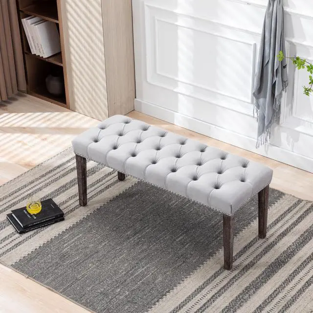 Main image of Heng Ming Upholstered Tufted Bench Ottoman , Velvet Dining Bench Bedroom Bench Footrest Stool Accent Bench for Entryway Dining Room Living Room, Light gray