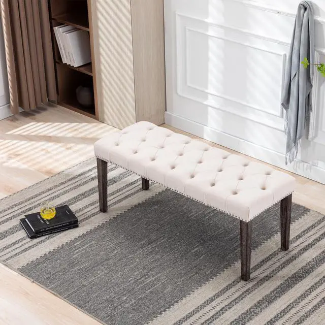 Main image of Heng Ming Upholstered Tufted Bench Ottoman , Velvet Dining Bench Bedroom Bench Footrest Stool Accent Bench for Entryway Dining Room Living Room, Beige