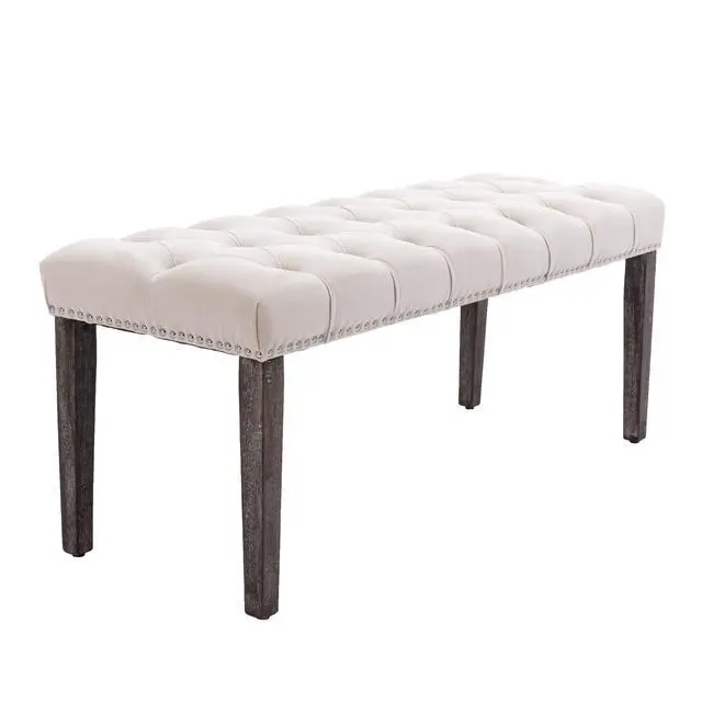 Alt view image 5 of 7 - Heng Ming Upholstered Tufted Bench Ottoman , Velvet Dining Bench Bedroom Bench Footrest Stool Accent Bench for Entryway Dining Room Living Room, Beige