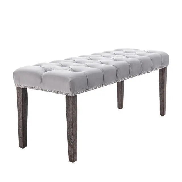 Alt view image 5 of 7 - Heng Ming Upholstered Tufted Bench Ottoman , Velvet Dining Bench Bedroom Bench Footrest Stool Accent Bench for Entryway Dining Room Living Room, Light gray