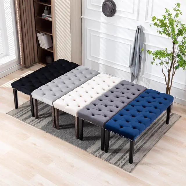 Alt view image 3 of 7 - Heng Ming Upholstered Tufted Bench Ottoman , Velvet Dining Bench Bedroom Bench Footrest Stool Accent Bench for Entryway Dining Room Living Room, Black