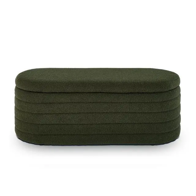 Alt view image 3 of 7 - Modern Oval Storage Ottoman Bench, Upholstered Boucle Teddy Fabric End of Bed Bench with Storage, End of Bed Stool with Safety Hinge for Bedroom, Living Room, Entryway, Dark Green