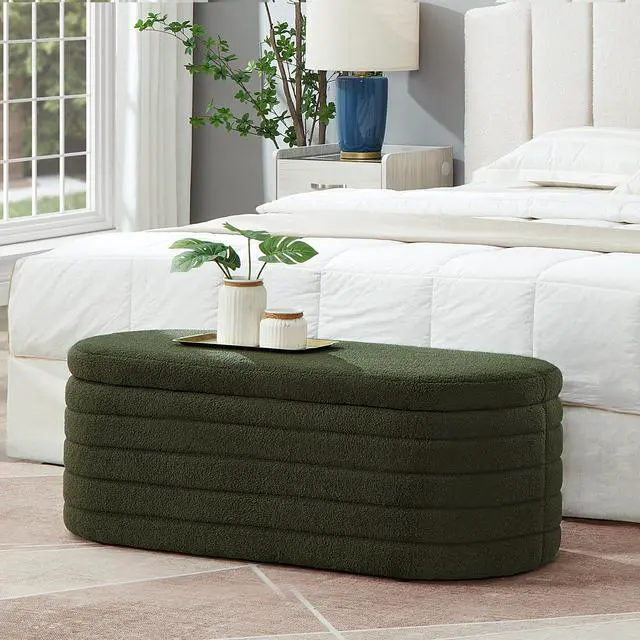 Main image of Modern Oval Storage Ottoman Bench, Upholstered Boucle Teddy Fabric End of Bed Bench with Storage, End of Bed Stool with Safety Hinge for Bedroom, Living Room, Entryway, Dark Green