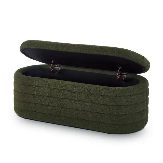 Alt view image 5 of 7 - Modern Oval Storage Ottoman Bench, Upholstered Boucle Teddy Fabric End of Bed Bench with Storage, End of Bed Stool with Safety Hinge for Bedroom, Living Room, Entryway, Dark Green