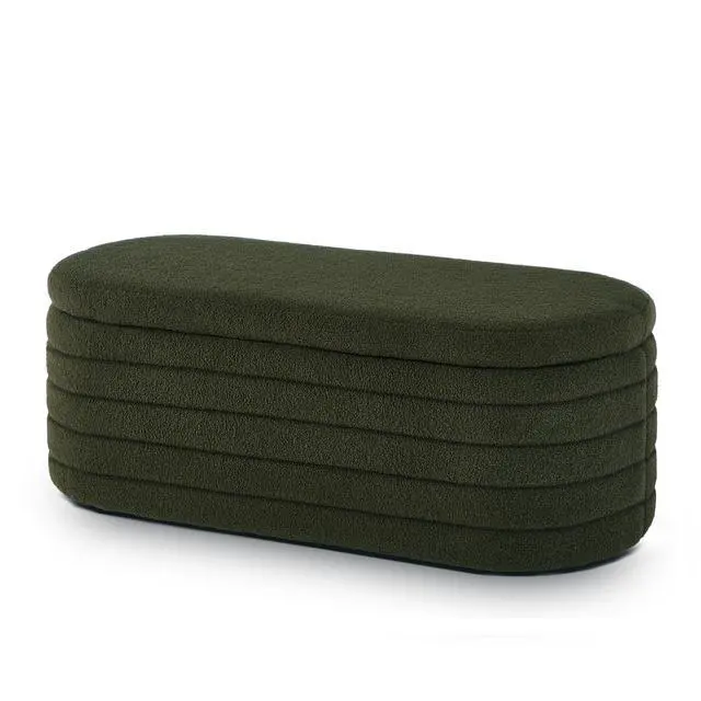 Alt view image 4 of 7 - Modern Oval Storage Ottoman Bench, Upholstered Boucle Teddy Fabric End of Bed Bench with Storage, End of Bed Stool with Safety Hinge for Bedroom, Living Room, Entryway, Dark Green