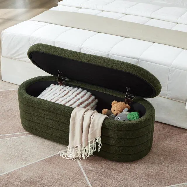 Alt view image 2 of 7 - Modern Oval Storage Ottoman Bench, Upholstered Boucle Teddy Fabric End of Bed Bench with Storage, End of Bed Stool with Safety Hinge for Bedroom, Living Room, Entryway, Dark Green