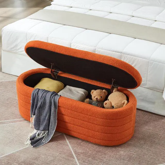 Alt view image 2 of 7 - Modern Oval Storage Ottoman Bench, Upholstered Boucle Teddy Fabric End of Bed Bench with Storage, End of Bed Stool with Safety Hinge for Bedroom, Living Room, Entryway, Orange