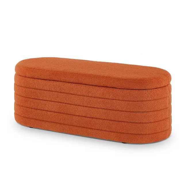 Alt view image 3 of 7 - Modern Oval Storage Ottoman Bench, Upholstered Boucle Teddy Fabric End of Bed Bench with Storage, End of Bed Stool with Safety Hinge for Bedroom, Living Room, Entryway, Orange