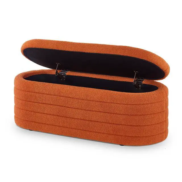 Alt view image 5 of 7 - Modern Oval Storage Ottoman Bench, Upholstered Boucle Teddy Fabric End of Bed Bench with Storage, End of Bed Stool with Safety Hinge for Bedroom, Living Room, Entryway, Orange