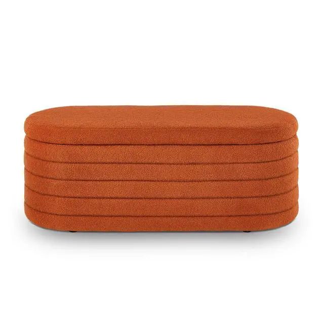 Alt view image 4 of 7 - Modern Oval Storage Ottoman Bench, Upholstered Boucle Teddy Fabric End of Bed Bench with Storage, End of Bed Stool with Safety Hinge for Bedroom, Living Room, Entryway, Orange