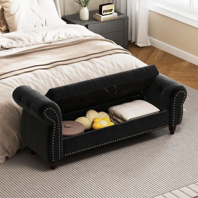 Alt view image 5 of 7 - 64.5" Bed Bench for Bed Room Nails Tufted Chaise of Lounge with Storage Velvet Upholstery Black