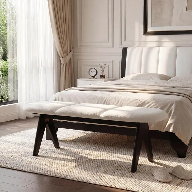 Alt view image 3 of 7 - Upholstered Bench with Black Wood Legs, White Fabric Seat, Solid & Manufactured Wood Construction, 250 LBS Capacity, 53" Entryway Bench for Living Room & Bedroom